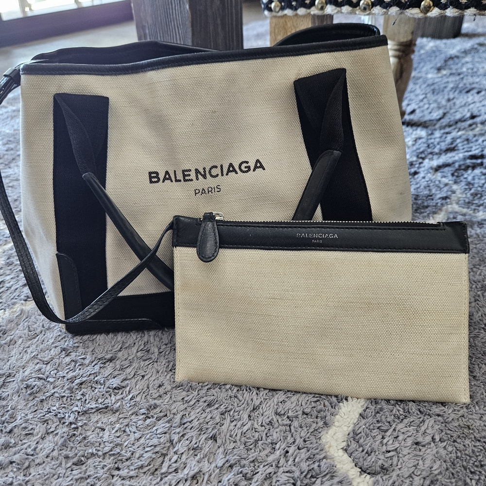 Balenciaga Canvas Tote with Zip Pouch - Cream & Black